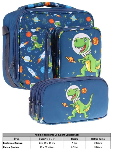 Kaukko Kids Erkek Çocuk Lacivert Yeşil Dinazor Baskılı Üç Bölmeli Thermo Beslenme Çantası ve Kalemlik Seti (L7252+L8252) ürün görseli