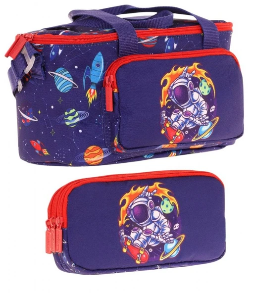 Kaukko (L7267+L8267) Beslenme Çantası (Isı Yalıtımlı) ve Kalem Çantası (Üç Bölme) Seti - Erkek Çocuk - Lacivert Kırmızı Astronot Baskılı ürün görseli