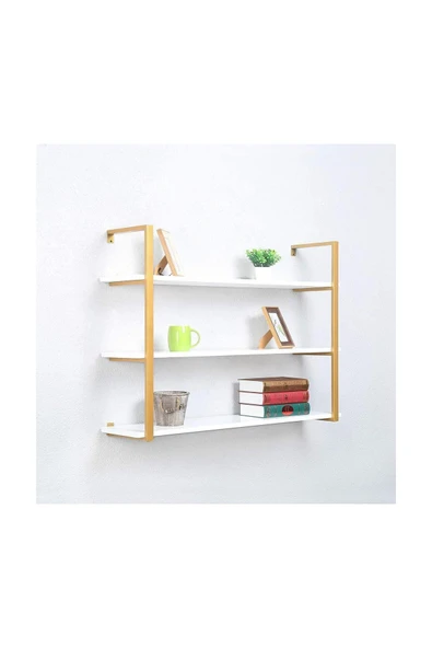 Hitit Dekorasyon Gold Metal Ahşap Duvar Rafı 120cm 3 Katlı