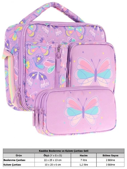 Kaukko Kids Kız Çocuk Lila Kelebek Desenli Üç Bölmeli Thermo Beslenme Çantası ve Kalemlik Seti (L7222+L8222) - Resim 2