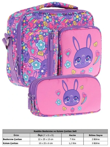 Kaukko Kids Kız Çocuk Mor Pembe Tavşan Baskılı Üç Bölmeli Thermo Beslenme Çantası ve Kalemlik Seti (L7220+L8220) - Resim 2