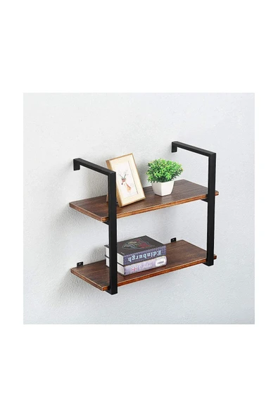Hitit Dekorasyon Tasnia Siyah Metal Ahşap Duvar Rafı 60cm 2 Katlı - 3