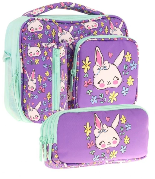 Kaukko Kids Kız Çocuk Mor Yeşil Tavşan Desenli Üç Bölmeli Thermo Beslenme Çantası ve Kalemlik Seti (L7242+L8242)