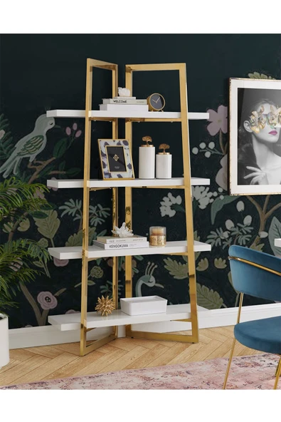 Hitit Dekorasyon Nysa Gold Metal Beyaz Kitaplık & Raf - 2