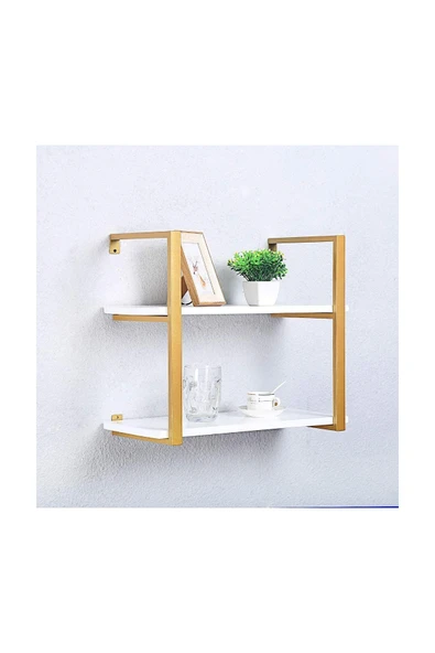 Hitit Dekorasyon Tasnia Gold Metal Ahşap Duvar Rafı 60cm 2 Katlı
