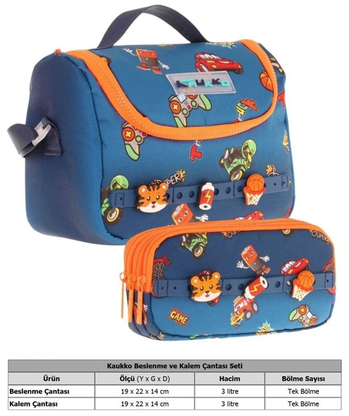 Kaukko Kids Isı Yalıtımlı Beslenme Çantası ve Üç Gözlü Kalemlik Seti - Erkek Çocuk, Lacivert Turuncu (Silikon Aksesuarlı) - Resim 2