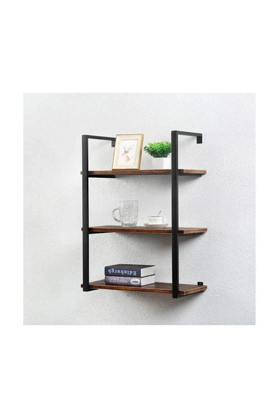 Hitit Dekorasyon Tasnia Siyah Metal Ahşap Duvar Rafı 60cm 3 Katlı - 3