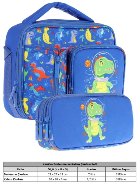 Kaukko Kids Erkek Çocuk Mavi Yeşil Dinazor Baskılı Üç Bölmeli Thermo Beslenme Çantası ve Kalemlik Seti (L7262+L8262) - Resim 2