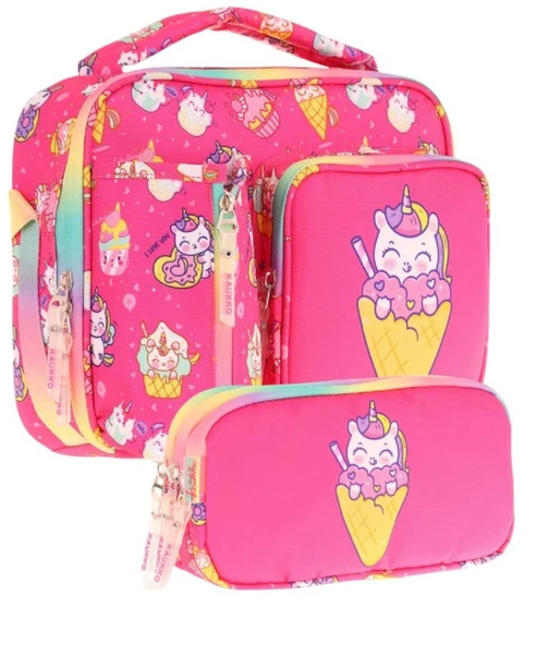 Kaukko Kids Kız Çocuk Kırmızı Dondurma Desenli Üç Bölmeli Thermo Beslenme Çantası ve Kalemlik Seti (L7227+L8227) - 1