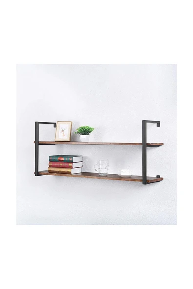 Hitit Dekorasyon Tasnia Siyah Metal Ahşap Duvar Rafı 120cm 2 Katlı - 2