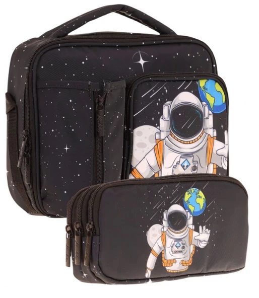 Kaukko Kids Erkek Çocuk Siyah Beyaz Astronor Üç Bölmeli Thermo Beslenme Çantası ve Kalemlik Seti (L7253+L8253) ürün görseli