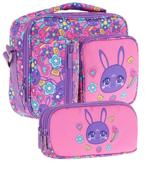 Kaukko Kids Kız Çocuk Mor Pembe Tavşan Baskılı Üç Bölmeli Thermo Beslenme Çantası ve Kalemlik Seti (L7220+L8220) ürün görseli