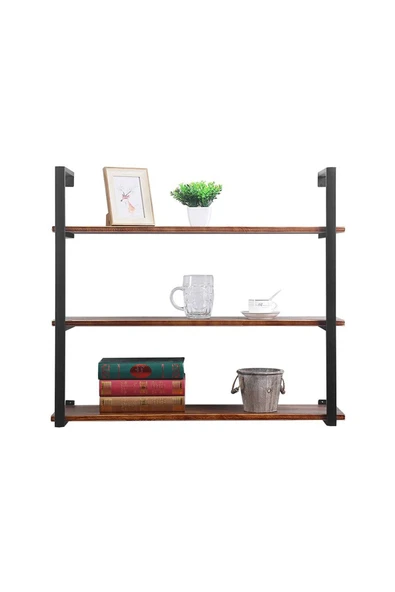 Hitit Dekorasyon Tasnia Siyah Metal Ahşap Duvar Rafı 90cm 3 Katlı - 3