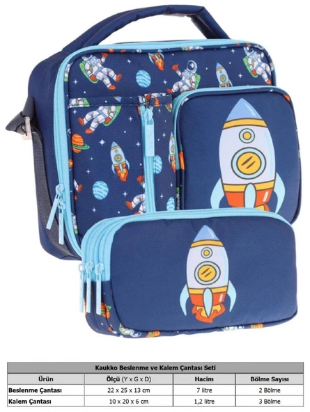Kaukko Kids Erkek Çocuk Lacivert Roket Üç Bölmeli Thermo Beslenme Çantası ve Kalemlik Seti (L7260+L8260) - Resim 2