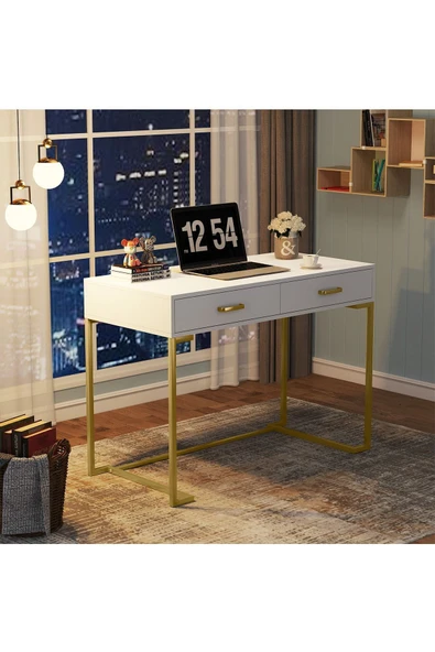Hitit Dekorasyon Vivian Gold Metal Beyaz Çalışma Masası - Resim 3
