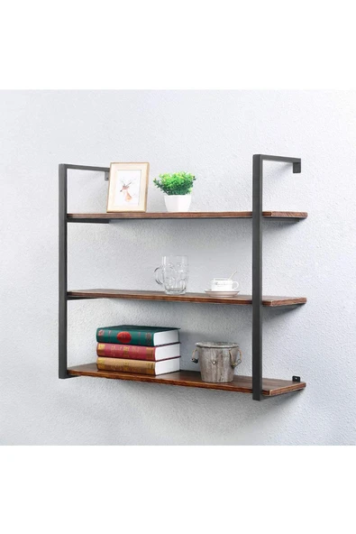 Hitit Dekorasyon Tasnia Siyah Metal Ahşap Duvar Rafı 90cm 3 Katlı - 2