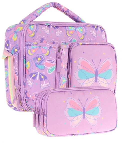 Kaukko Kids Kız Çocuk Lila Kelebek Desenli Üç Bölmeli Thermo Beslenme Çantası ve Kalemlik Seti (L7222+L8222) ürün görseli