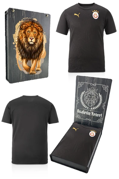 Galatasaray Orijinal Lisanslı Sıfır Yaka Siyah A Takım Antrenman T-Shirt Gs Aslan Baskılı Hediyelik Ahşap Kutulu