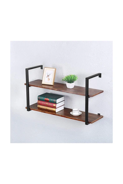 Hitit Dekorasyon Tasnia Siyah Metal Ahşap Duvar Rafı 90cm 2 Katlı - 2