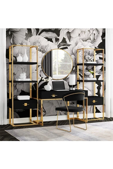 Hitit Dekorasyon Rihanna Gold Metal Siyah Kitaplık & Raf - 5