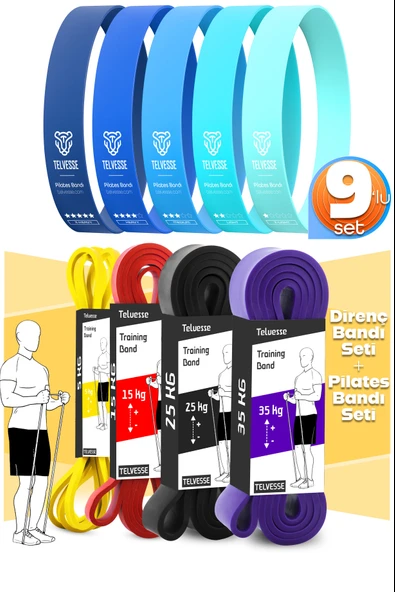 9lu TERA SET 5+15+25+35 KG + 5Li Pilates Direnç Bandı Barfiks Lastiği Loop Band Mavi Ton ürün görseli 1