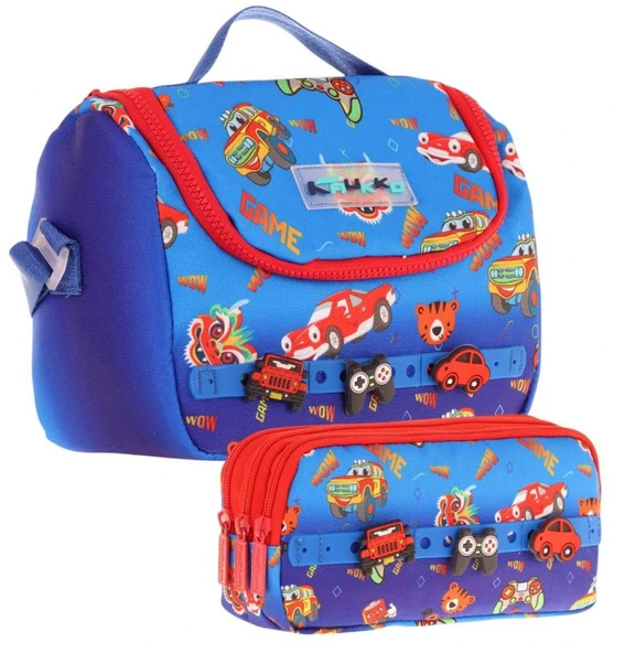 Kaukko Kids Isı Yalıtımlı Beslenme Çantası ve Üç Gözlü Kalemlik Seti - Erkek Çocuk, Mavi Kırmızı (Silikon Aksesuarlı) ürün görseli
