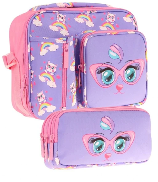 Kaukko Kids Kız Çocuk Lila Pembe Kedi Baskılı Üç Bölmeli Thermo Beslenme Çantası ve Kalemlik Seti (L7236+L8236) ürün görseli