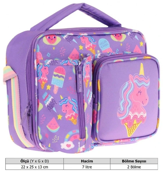 Kaukko Kız Çocuk, Lila Pembe, Unicorn Desenli Isı Yalıtımlı Üç Bölmeli (Matara Cepli) Okul Beslenme Çantası L7224 - Resim 3
