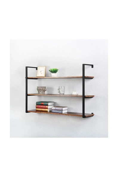 Hitit Dekorasyon Tasnia Siyah Metal Ahşap Duvar Rafı 120cm 3 Katlı - 2
