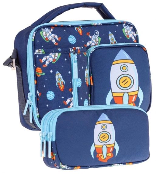 Kaukko Kids Erkek Çocuk Lacivert Roket Üç Bölmeli Thermo Beslenme Çantası ve Kalemlik Seti (L7260+L8260) ürün görseli