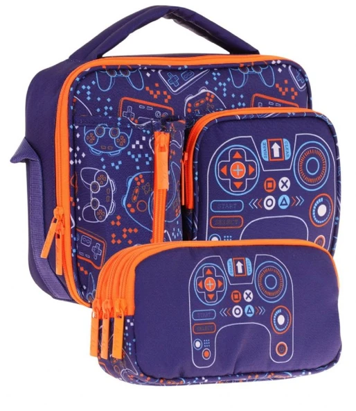 Kaukko Kids Erkek Çocuk Lacivert Turuncu Oyun Temalı Üç Bölmeli Thermo Beslenme Çantası ve Kalemlik Seti (L7281+L8281) ürün görseli