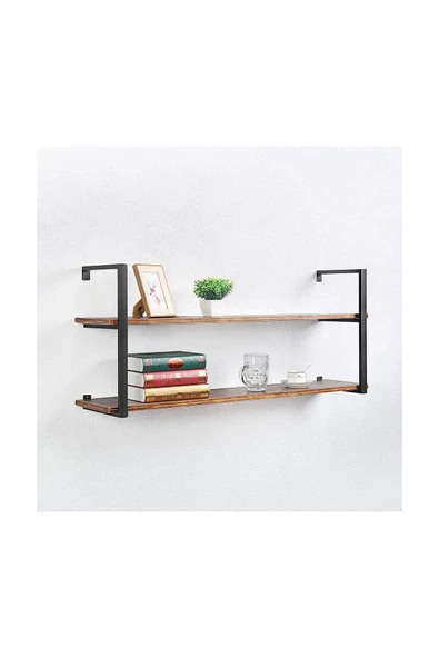 Hitit Dekorasyon Tasnia Siyah Metal Ahşap Duvar Rafı 120cm 2 Katlı