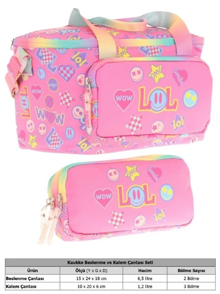 Kaukko (L7237+L8237) Beslenme Çantası (Isı Yalıtımlı) ve Kalem Çantası (Üç Bölme) Seti - Kız Çocuk - Pembe Lol Baskılı - Resim 2
