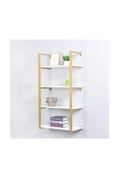 Hitit Dekorasyon Tasnia Gold Metal Ahşap Duvar Rafı 60cm 4 Katlı
