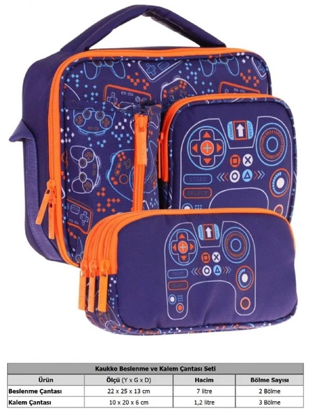 Kaukko Kids Erkek Çocuk Lacivert Turuncu Oyun Temalı Üç Bölmeli Thermo Beslenme Çantası ve Kalemlik Seti (L7281+L8281) - Resim 2