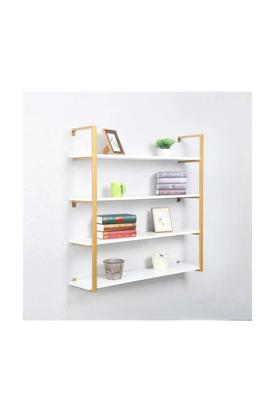 Hitit Dekorasyon Tasnia Gold Metal Ahşap Duvar Rafı 120cm 4 Katlı