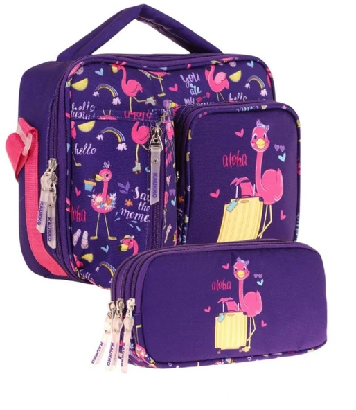Kaukko Kids Kız Çocuk Mor Pembe Flamingo Baskılı Üç Bölmeli Thermo Beslenme Çantası ve Kalemlik Seti (L7223+L8223) ürün görseli