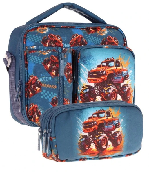 Kaukko Kids Erkek Çocuk Yeşil Kırmızı Arazi Aracı Üç Bölmeli Thermo Beslenme Çantası ve Kalemlik Seti (L7282+L8282) - 1