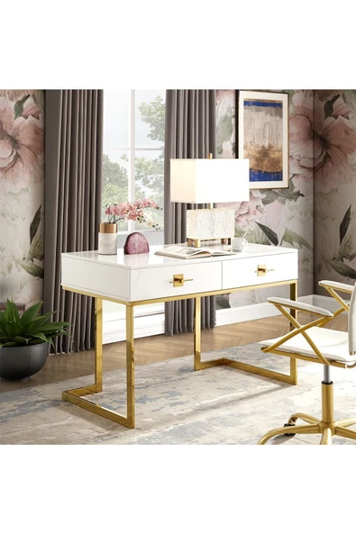 Hitit Dekorasyon Rihanna Gold Metal Beyaz Çalışma Masası - 4