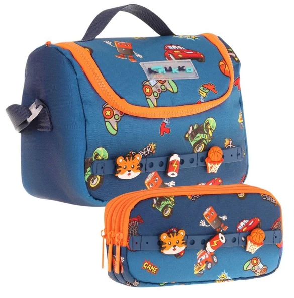 Kaukko Kids Isı Yalıtımlı Beslenme Çantası ve Üç Gözlü Kalemlik Seti - Erkek Çocuk, Lacivert Turuncu (Silikon Aksesuarlı) ürün görseli
