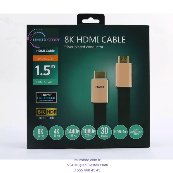 8k 27G Bps Ultra Hd 3D Ethernet Gold HDMI Kablo 1,5 mt ürün görseli 1