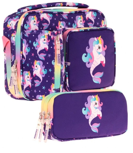 Kaukko Kids Kız Çocuk Mor Çok Renkli Unicorn ve Denizkızı Üç Bölmeli Thermo Beslenme Çantası ve Kalemlik Seti (L7228+L8228) ürün görseli