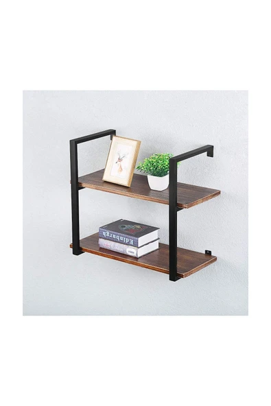 Hitit Dekorasyon Tasnia Siyah Metal Ahşap Duvar Rafı 60cm 2 Katlı - 2