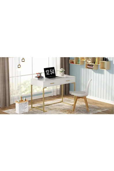 Hitit Dekorasyon Vivian Gold Metal Beyaz Çalışma Masası - Resim 5