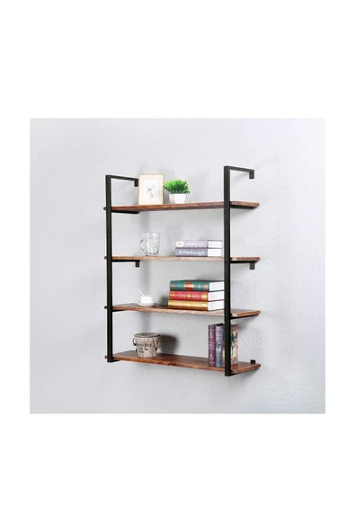 Hitit Dekorasyon Tasnia Siyah Metal Ahşap Duvar Rafı 90cm 4 Katlı
