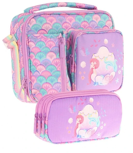 Kaukko Kids Kız Çocuk Mor Yeşil Denizkızı Üç Bölmeli Thermo Beslenme Çantası ve Kalemlik Seti (L7225+L8225) ürün görseli