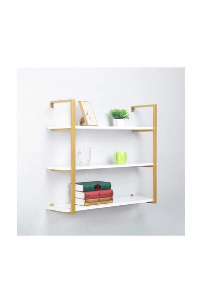 Hitit Dekorasyon Tasnia Gold Metal Ahşap Duvar Rafı 90cm 3 Katlı