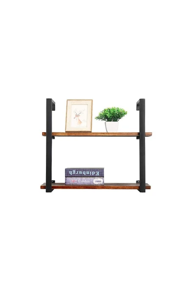 Hitit Dekorasyon Tasnia Siyah Metal Ahşap Duvar Rafı 60cm 2 Katlı - 4
