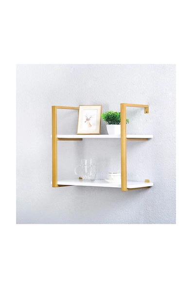 Hitit Dekorasyon Tasnia Gold Metal Ahşap Duvar Rafı 60cm 2 Katlı - 2