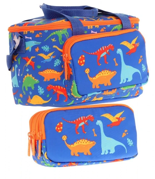 Kaukko (L7278+L8278) Beslenme Çantası (Isı Yalıtımlı) ve Kalem Çantası (Üç Bölme) Seti - Erkek Çocuk - Lacivert Yeşil Dinazor Desenli ürün görseli